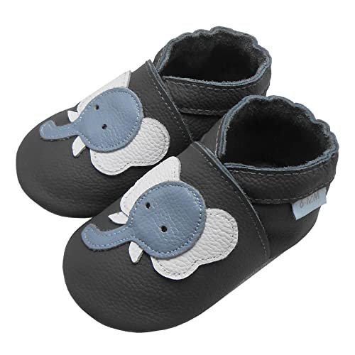 Basrakids Krabbelschuhe Baby Lauflernschuhe Lederpuschen Baby Hausschuhe Kinder Junge Mädchen- Weiche Leder Babyschuhe mit Rutschfesten Wildledersohlen Grau Elefant (L, 22/23EU) von Basrakids