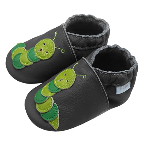 Basrakids Krabbelschuhe Baby Lauflernschuhe Lederpuschen Baby Hausschuhe Kinder Junge Mädchen- Weiche Leder Babyschuhe mit Rutschfesten Wildledersohlen Grau Raupe (L, 22/23EU) von Basrakids