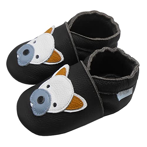 Basrakids Krabbelschuhe Baby Lauflernschuhe Lederpuschen Baby Hausschuhe Kinder Junge Mädchen- Weiche Leder Babyschuhe mit Rutschfesten Wildledersohlen Schwarz Französische Bulldogge (L, 22/23EU) von Basrakids