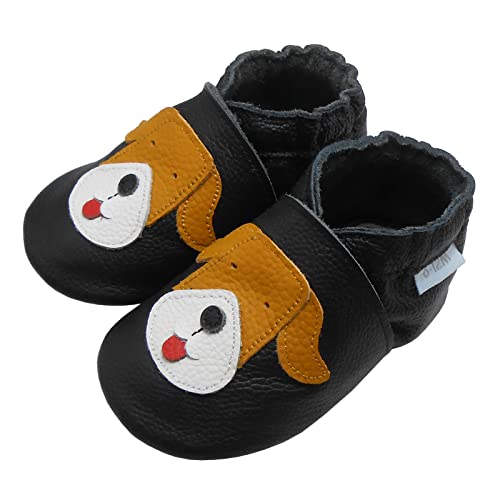 Basrakids Krabbelschuhe Baby Lauflernschuhe Lederpuschen Baby Hausschuhe Kinder Junge Mädchen- Weiche Leder Babyschuhe mit Rutschfesten Wildledersohlen Schwarz Hund (S, 18/19EU) von Basrakids