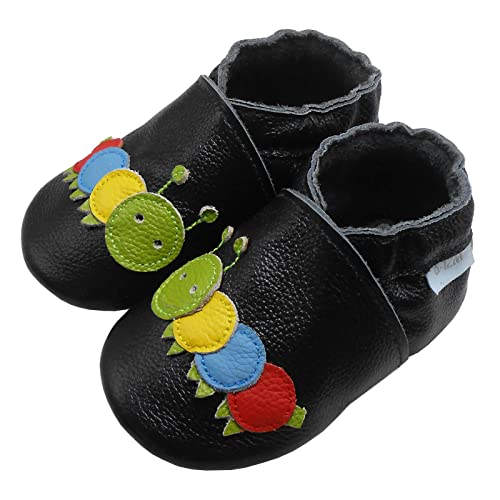 Basrakids Krabbelschuhe Baby Lauflernschuhe Lederpuschen Baby Hausschuhe Kinder Junge Mädchen- Weiche Leder Babyschuhe mit Rutschfesten Wildledersohlen Schwarz Raupe (L, 22/23EU) von Basrakids