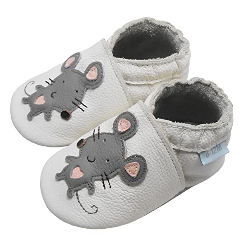 Basrakids Krabbelschuhe Baby Lauflernschuhe Lederpuschen Baby Hausschuhe Kinder Junge Mädchen- Weiche Leder Babyschuhe mit Rutschfesten Wildledersohlen Weiß Ratte (L, 22/23EU) von Basrakids