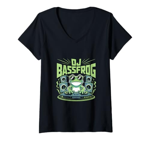 Damen DJ Bassfrog Frosch DJ Rave Bass Musik Festival Club T-Shirt mit V-Ausschnitt von Bass Frosch Rave EDM Techno DJ Party Festival