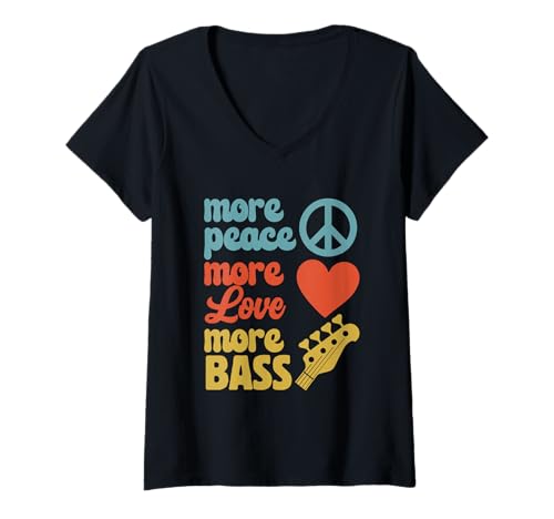 Damen Mehr Frieden - Mehr Liebe - Mehr Bass for Bassist T-Shirt mit V-Ausschnitt von Bass Guitar Apparel & Gifts by eleventeez