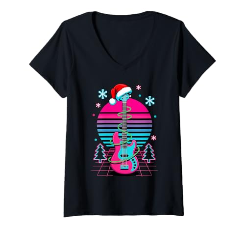 Damen Weihnachten Synthwave Bassgitarre Bassist T-Shirt mit V-Ausschnitt von Bass Guitar Guitar Gift For A Bassist