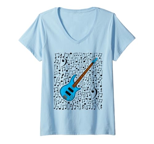 Damen Bassgitarren-Musiknoten, Bassist T-Shirt mit V-Ausschnitt von Bass Guitar Teacher Bassist Notation By DoodleRob