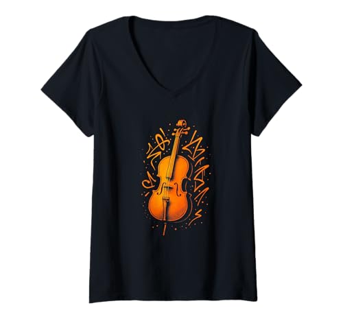 Damen Straßenkunst-Illustration mit Cello-Graffiti T-Shirt mit V-Ausschnitt von Bass Street