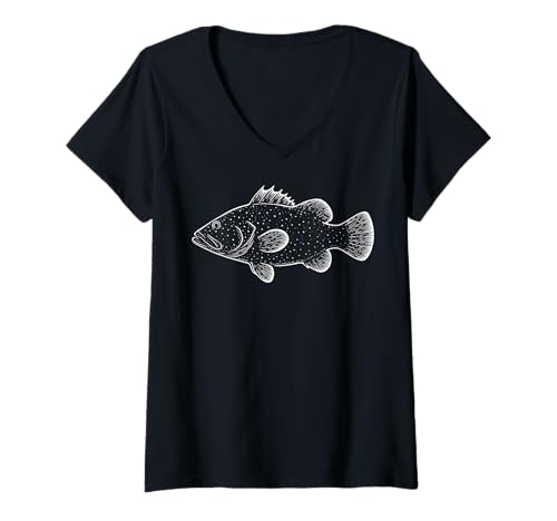 Damen Bassfisch Illustration T-Shirt mit V-Ausschnitt von Bassangeln Bassfischer Fischerangler See
