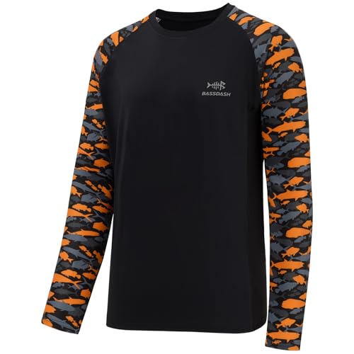 BASSDASH LSF 50 Angel-T-Shirt für Herren, Camouflage, langärmelig, schnell trocknende Sweatshirts, Schwarz/Schwarz und Orange Fische, L BASSDASH LSF 50 Angel-T-Shirt für Herren, Camouflage, langärmelig, schnell trocknende Sweatshirts, Schwarz/Schwarz und Orange Fische, L von Bassdash