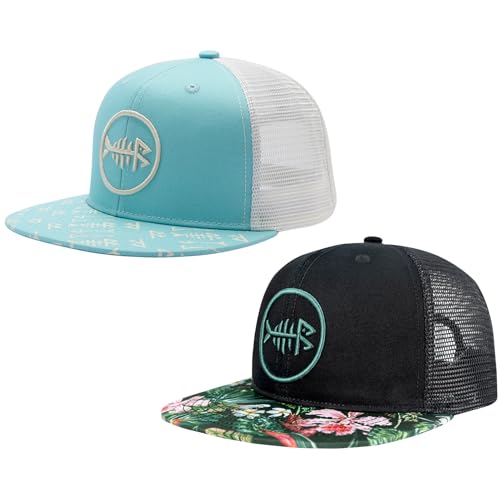 Bassdash 2 Pack Flache Krempe Trucker Cap Einstellbare Snapback Hut Mesh Zurück für Männer Frauen Angeln Jagd von Bassdash