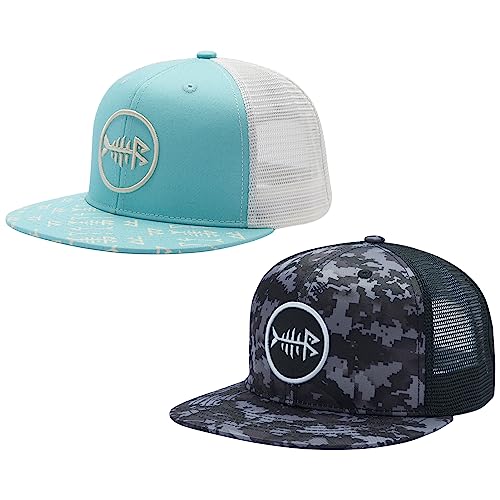 Bassdash 2 Pack Flache Krempe Trucker Cap Einstellbare Snapback Hut Mesh Zurück für Männer Frauen Angeln Jagd von Bassdash
