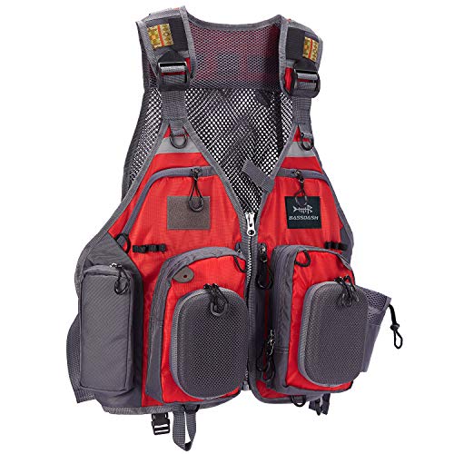 Bassdash Herren Angeln Weste Multifunktionsweste Anglerweste mit biszu max.20 Taschen für Fliegenfischen und Outdoor Freizeit (F22 -Rot) von Bassdash