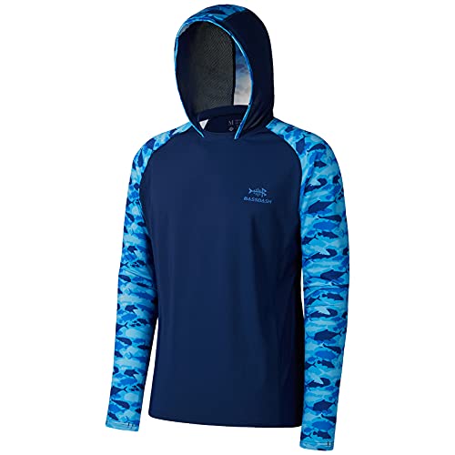 Bassdash Herren UPF 50 Sonnenschutz UV-Schutz Kapuzenpullover Funktion Hoodie Langarm Angeln Shirt Camo,Mittel,Dunkelblau/Fischschwarm von Bassdash