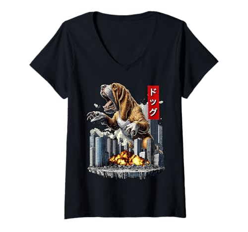 Damen Lustiger Basset Hound Hund Kaiju Monster Japanisch T-Shirt mit V-Ausschnitt von Basset Hound Dog Kaiju Monster Clothing