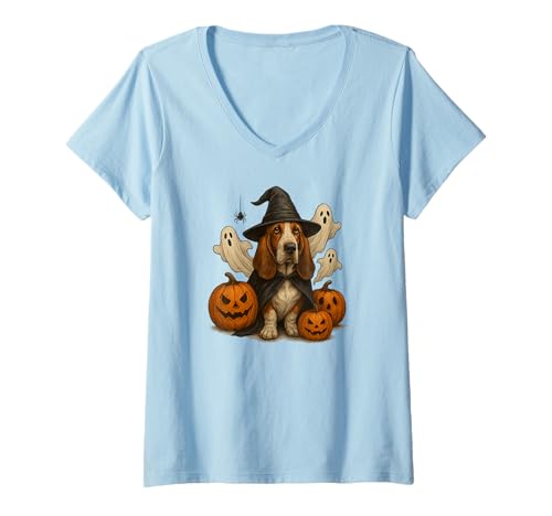 Damen Halloween Basset Hound, Hexenhut, niedlich, lustig T-Shirt mit V-Ausschnitt von Basset Hound Dressed up for Halloween