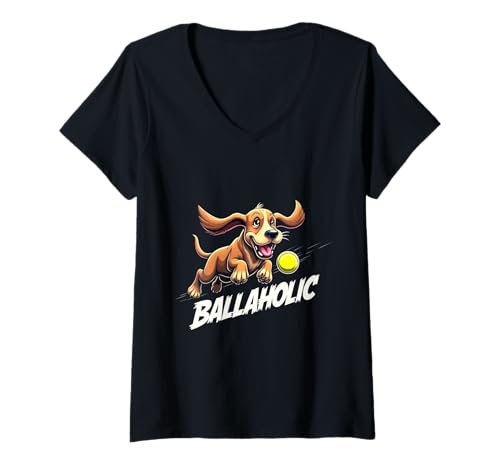 Damen Lustiger Ballaholic Basset Hound Dog Chasing Ball T-Shirt mit V-Ausschnitt Damen Lustiger Ballaholic Basset Hound Dog Chasing Ball T-Shirt mit V-Ausschnitt von Basset Hound Fun Designs