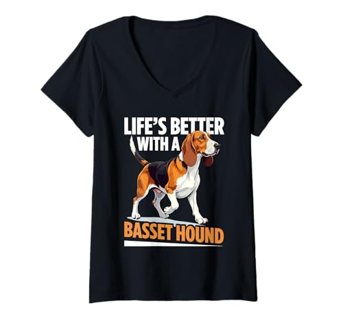 Damen Basset Hound Hund T-Shirt mit V-Ausschnitt von Basset Hound Gifts for Men and Women