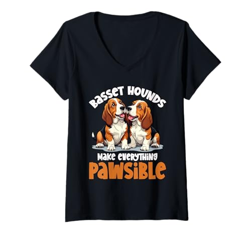 Damen Basset Hound Hund T-Shirt mit V-Ausschnitt von Basset Hound Gifts for Men and Women