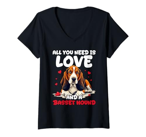 Damen Basset Hound Hund T-Shirt mit V-Ausschnitt von Basset Hound Gifts for Men and Women