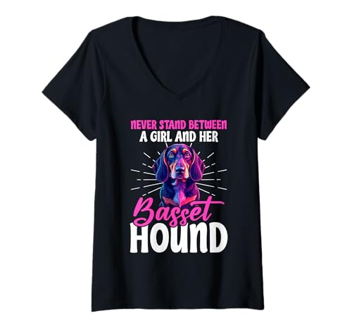 Damen Basset Hound Hund T-Shirt mit V-Ausschnitt von Basset Hound Gifts for Men and Women