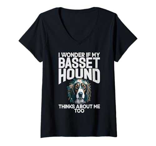 Damen Ich Frage Mich, ob Mein Basset Hound auch an Mich Denkt Basset Hound T-Shirt mit V-Ausschnitt von Basset Hound Gifts
