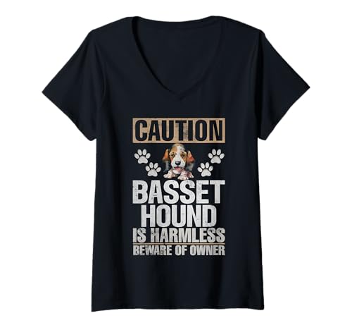 Damen Vorsicht Basset Hound ist harmlos Vorsicht Besitzer Basset Hound T-Shirt mit V-Ausschnitt von Basset Hound Gifts