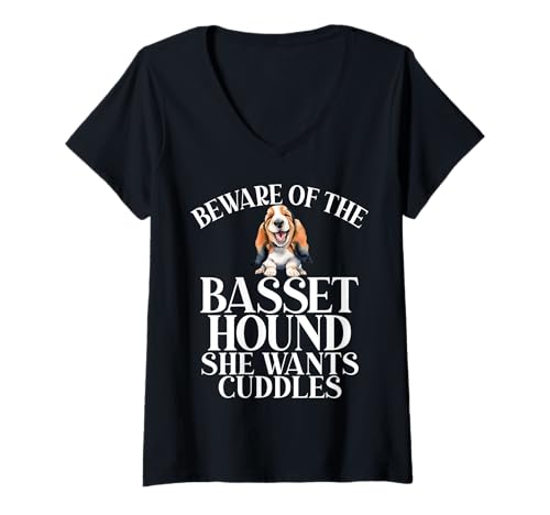 Damen Vorsicht vor dem Basset Hound, sie Will Cuddles Basset Hound T-Shirt mit V-Ausschnitt von Basset Hound Gifts