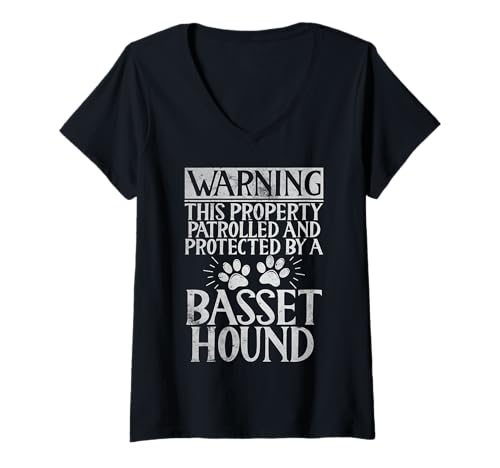 Damen Warnung Dieses Eigentums patrouilliert und geschützt Basset Hound T-Shirt mit V-Ausschnitt von Basset Hound Gifts