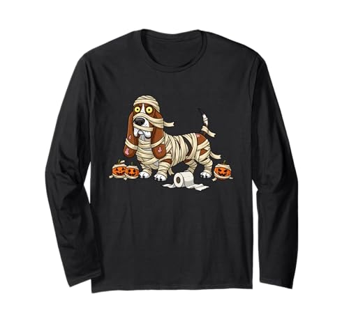 Lustiger Basset Hound Mummy Kürbis Halloween Kinder Herren Damen Langarmshirt von Basset Hound Lover Cute Halloween Outfits Boy Girl