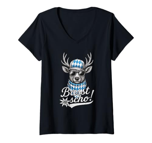 Damen Tracht Basst Scho Dirndl Lederhosen Bayerisch Tracht Ersatz T-Shirt mit V-Ausschnitt von Basst Scho Trachten Ersatz Dirndl Dialekt Boarisch