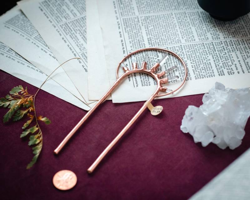 Quarz Point Burst Haarforke, Kupfer Elektrogeformt von BastAndBaetyl