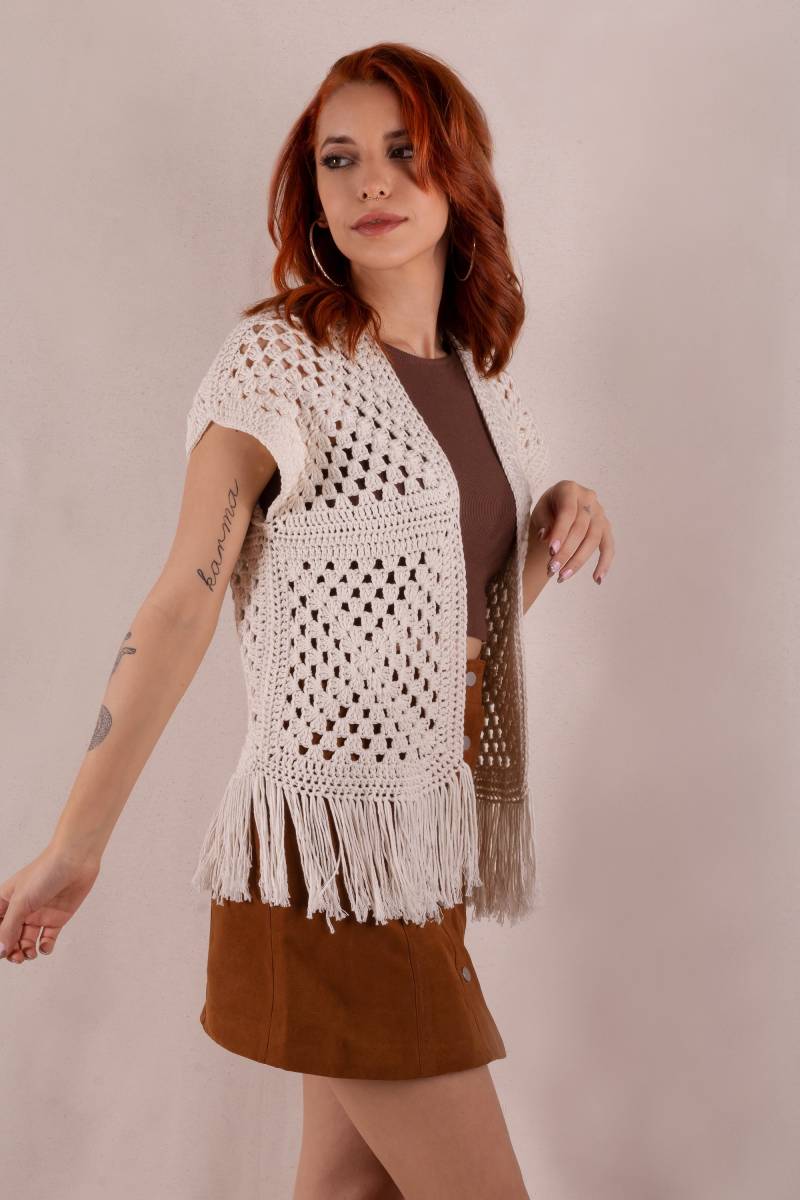 Boho Häkelweste Aus Baumwolle Fransen Sommer Strick Top von BastKnitwear