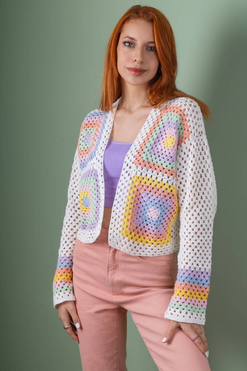 Gehäkelte Oma Quadrat Strickjacke Boho Patchwork Baumwollstrickjacke von BastKnitwear