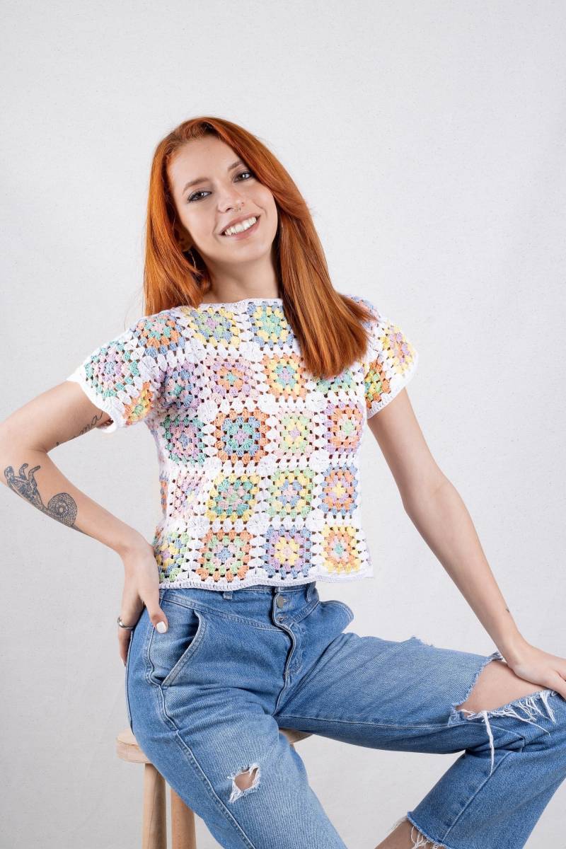 Häkeln Oma Quadrat Crop Top Pastell Baumwolle Boho Bluse von BastKnitwear