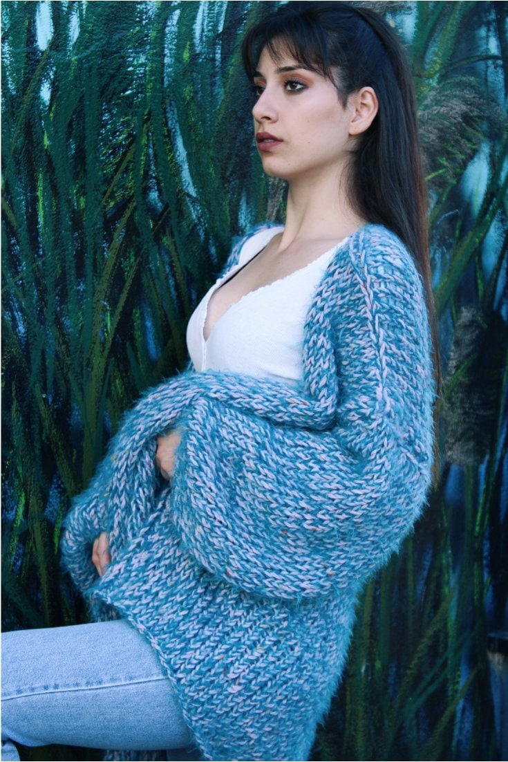 Handgestrickte Grobstrick Wolle-strickjacke Übergroßer Langer Pullover von BastKnitwear