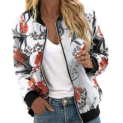 Bastwahl Bomberjacke Damen Blumenmuster Coat Sommer Reißverschluss Herbst Frühling Jacket Mädchen Sommerjacke Kurz Outwear College Jacke leichte Pilotenjacke Langarm Fliegerjacke Pilotenjacke von Bastwahl