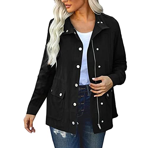 Bastwahl Damen Militärjacke mit mehreren Taschen Reißverschluss Druckknöpfe - leicht Utility Anorak Feld Safari Mantel Übergangsjacke Damen Leichte sommerjacke Herbst Stehkragen Jacket Schwarz M von Bastwahl