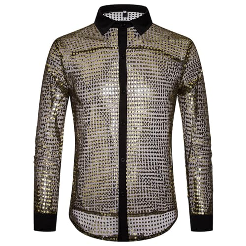 Bastwahl Glitzer Oberteil Herren Party Schwarz - Disco Party Karneval Kostüm Freizeithemd Regular Fit Glitzer Glänzende Metallic-Hemden Cosplay Knopfleistenshirt Pailletten Hemd 70er Outfit Langarm von Bastwahl