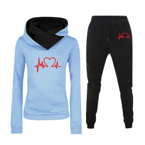 Bastwahl Hausanzug Damen Elegant Rundhalsausschnitt Set Vlies Kleidungsset Lockere Trainings Jacke Y2k Sport-Anzug Modischer Heartbeat Print Sweatshirt & Jogginghose Sporthose von Bastwahl
