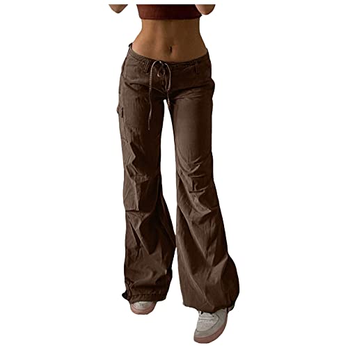 Bastwahl Weite Hose Damen Sommer Leicht Arbeitshosen Hip Hop Cargo Pants Multi Taschen Bootcut Fitness Parachute Pants Straight Leg Freizeithose mit Kordelzugbündchen Sporthose von Bastwahl
