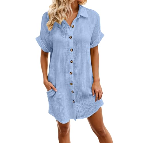 Bastwahl musselin kleid, Musselin Kleid Damen Sommer Kurzarm Strandkleid - Freizeitkleid V-Ausschnitt Casual Blusenkleid Midikleid Hemdkleid Leicht und Luftig Maxikleider Shirtkleid von Bastwahl