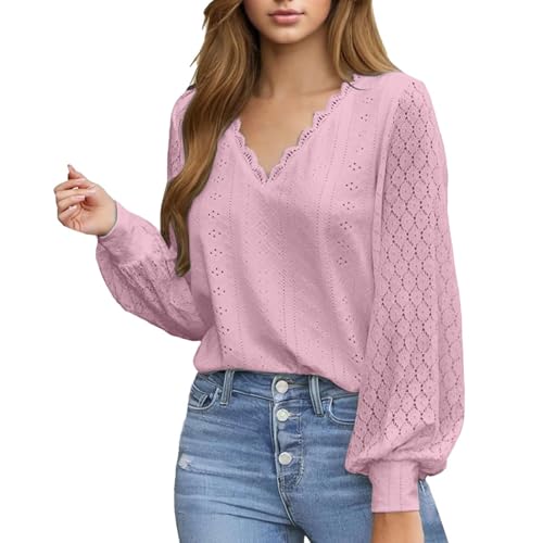 Bluse Damen Elegant Spitze Langarm Weiß Sexy Baumwolle - mit V Ausschnitt Überbackener Lange Spitzenärmel Gebänderte Manschetten Schickes Elegantes Hemd von Bastwahl