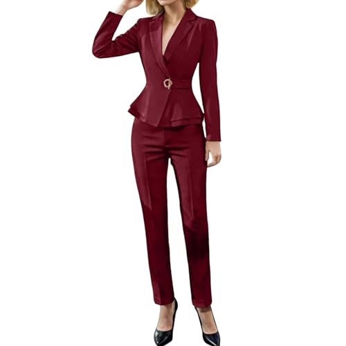 Business Outfit Damen Set 2-Teilig Modern Anzug Set Hosenanzug Blazer Long V-Ausschnitt Streetwear Anzugjacke und Anzughosen mit Taschen Workout Langarm und Hosen von Bastwahl