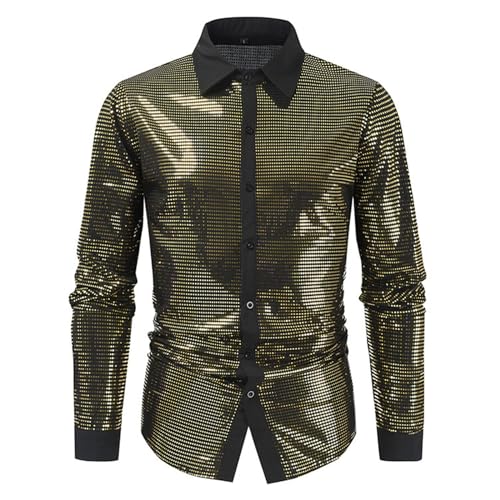 Glitzer Oberteil Herren Party Schwarz - Pailletten Hemd Lange Ärmel Glitzerhemd Business Für Party Nachtclub Glitzer Shirt Satin Revers Mode Goldenes 80er Jahre Glänzend Slim Fit Langarmhemd von Bastwahl