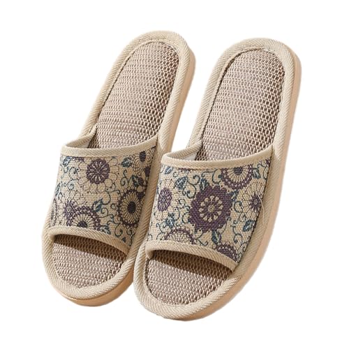 Hausschuhe Leinen Damen Herren Winter & Sommer - Atmungsaktive Baumwolle Material Atmungsaktiv Und Komfortabel Gästehausschuhe Hotel Home Spa Innenbereich Ideal Für Frühling Rutschfest Boho Slippers von Bastwahl