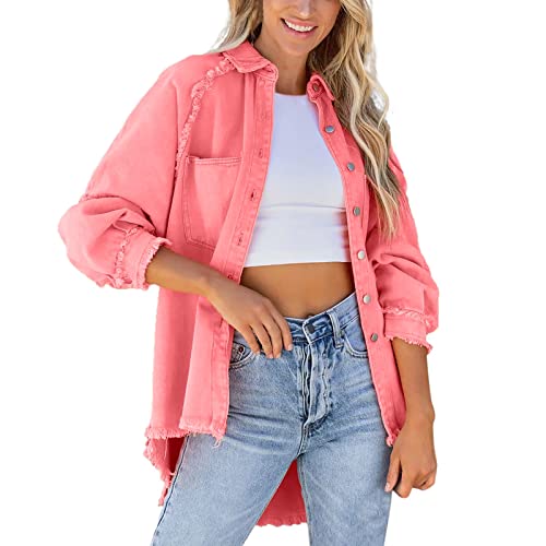 Jacke Damen Sommer Langarm Übergangsjacke Distressed Jeansjacke Basic Streetwear Jacken Körperbetonte Damenjacke Herbst Jacke Zwei Front Und Seitentaschen Freizeitjacke von Bastwahl