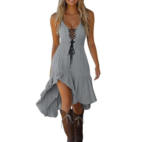 Kleider Damen Cocktailkleid Knielang Kleid Sommer - V-Ausschnitt Vintage Rustikaler Elegant Ärmellos Sommerkleid Boho Blumenkleid Elastische Hohe Taille Strandkleid Spitzennähte Midikleid Wickelkleid von Bastwahl