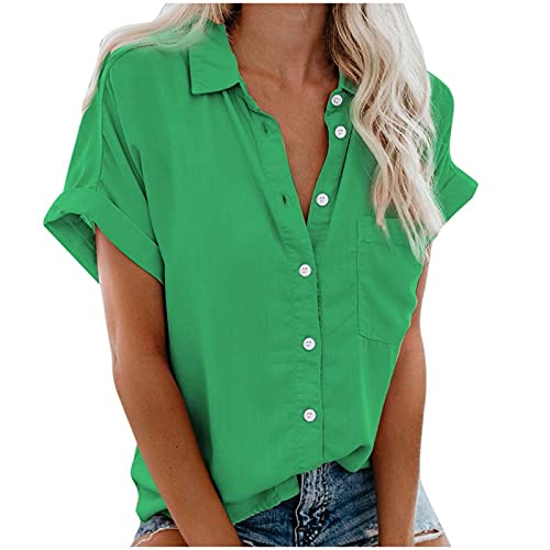 Leinenhemd Damen Sommer Button V-Ausschnitt Roll Up Ärmel musselin Bluse mit Brusttasche-Sommerhemd Tops Einfarbig leicht locker Hemdbluse Basic Tops Blusen & Tuniken von Bastwahl