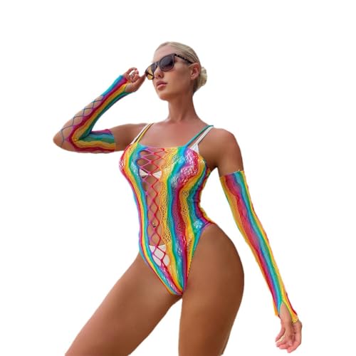 Regenbogen Kleid Damen Durchsichtig Fischnetz Kleid Bodysuit Dessous Bikini Cover Up Bodycon Bunte Netz Rave Festival Clubwear Nachtwäsche Reizwäsche von Bastwahl