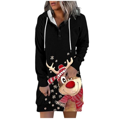 Weihnachtspulli damen,Oversize Hoodie Lang Oodie Langarm Sweatshirts Mit Kapuze Und Taschen Streetwear Print Weihnachtspullover Minikleid Pullover Kapuzenkleid Kapuzenpullover Kleid Sweatkleid von Bastwahl